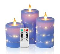 Bougies LED Angle de vision de 360 degrés, avec guirlandes lumineuses étoilées, lot de 3 bougies LED, avec télécommande à 10 touches, fonction minuterie 24 heures, flamme dansante (Bleu).