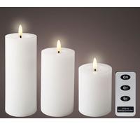 Lumineo Lot de 3 bougies LED avec fonction minuterie 11-19 cm - Effet flamme vacillante - Bougie en cire véritable à piles - Bougie pilier rustique blanc chaud