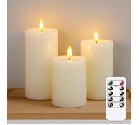 Bougies LED sans flamme avec effet huile de cire, télécommande vacillante, lot de 3, colonne ivoire, minuterie à piles, bougi