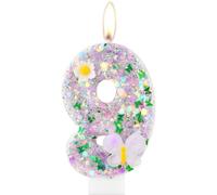Bougies magiques en forme de papillon pour 9e anniversaire - Bougie violette en forme de chiffre 9 pour gâteau - Décoration de gâteau à paillettes violettes pour filles et garçons - Fournitures de