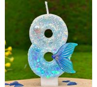 Bougies Nombre Sirène à Paillettes,Numéro 8 Déco de Gâteau d'anniversaire Métallisée Bougies d'anniversaire en Forme de Queue de Sirène Bleu Métallisé et Argenté pour Enfants/Adultes (Style Marin)