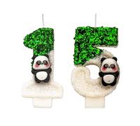 Bougies Panda en forme de chiffre 15 pour gâteau d'anniversaire - Vert et blanc - Paillettes brillantes - Parfaites pour les fêtes d'anniversaire à thème