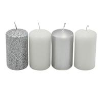 Bougies piliers, bougies pour couronne de l'Avent, argent et blanc, différentes couleurs, dimensions H x Ø env. 7 x 4 cm, 250 g, durée de combustion 4 x 10 h