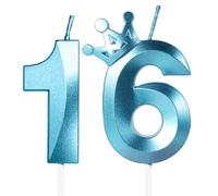 Bougies pour 16e Anniversaire avec Couronne,3D Bougies Bleu, Bougie Numéro16,Bougie d'anniversaire Convient Pour Anniversaires de Mariage,Décorations de Gâteau fête D'anniversaire Célébration