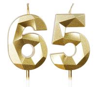 Bougies pour 65e anniversaire, bougie en forme de chiffre 65, bougies dorées, bougie d'anniversaire pour gâteau, bougies d'anniversaire, décorations de gâteau pour fête d'anniversaire, mariage