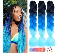 BouGPeng Rajout Cheveux Tresses 3Pièces 24'' Extension de Cheveux de Fibre Synthétique 100g/Bundle Ombre Jumbo Braids Tresse pour Crochet Twist Tressage Cheveux(Noir-Bleu Foncé-Bleu Clair)