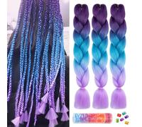 BouGPeng Rajout Cheveux Tresses 3Pièces 24'' Extension de Cheveux de Fibre Synthétique 100g/Bundle Ombre Jumbo Braids Tresse pour Crochet Twist Tressage Cheveux(Violet Foncé-Bleu Mer-Violet Clair)