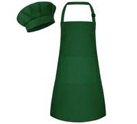 Bouiexye Ensemble tablier et toque de chef pour enfants - Tablier réglable avec 2 poches - Peinture de chef pour enfants - Pour la cuisine et la pâtisserie, vert foncé, 18 x 24 inches