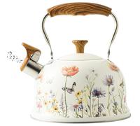 Bouilloire à sifflet en acier inoxydable de qualité alimentaire, 3 L, élégante, florale, avec poignée en bois, eau chaude et théière à ébullition rapide, pour la maison, le camping, tous les type