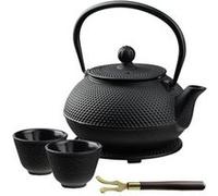 KADAX Théière Japonaise en Fonte de 850 ml avec Intérieur Émaillé, Bouilloire avec Deux Tasses et Infuseur pour Thé en Vrac, Service à Thé Complet (Noir)