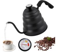 Bouilloire col de cygne avec thermomètre, 1200 ml, en acier inoxydable, à col de cygne, pour plaques de cuisson à gaz et à induction, facile à nettoyer, noire