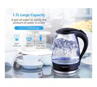 Bouilloire de 1,7L et 2200W en verre borosilicaté avec illumination LED bleue. protection contre l'ébullition à vide, arrêt automatique, filtre anticalcaire, base à 360°. Noire. Bouilloire électriqueB