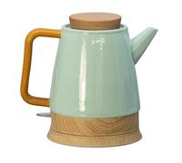 Bouilloire électrique en céramique 1,5 l menthe/bois - Avec couvercle en bois véritable - Socle rotatif à 360° - Indicateur d'alimentation LED - Sans BPA - Protection contre le fonctionnement à sec