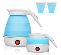 Bouilloire Électrique Pliable 600ml - Mini Chauffe-Eau Voyage Silicone Alimentaire avec Fond Inox 304-5 Min Ébullition - Sécurisée Anti-Surchauffe - Pour Camping, Bureau, Voyage (Bleu)