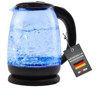 Bouilloire en verre Grafner Design 1,8 litre, 1800 watts, avec éclairage LED bleu, protection contre la mise en marche à sec, sans BPA, base à 360°, élément chauffant en acier inoxydable, poignée Cool