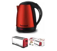 Bouilloire Inox Rouge 1,8L Sans Fil 1500W Arre?t automatique + Grille-Pain Rouge Inox Brossé 1400W 2 Longues et larges FENTES pour B