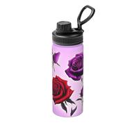 Bouilloire isotherme de sport avec roses rouges et violettes de 532 ml - Bouteille d'eau pour boissons chaudes et froides, parfaite pour les voyages, la randonnée, le camping