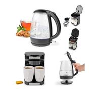 Bouilloire Noire en Verre 1,7L Sans Fil 2200W Arrêt automatique + Cafetière électrique 2 Tasses Duo 2 x 0.25l