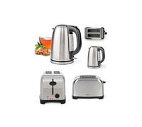 Bouilloire RETRO INOX 1L7 2200W INTER LED BLEUE protection contre l'ébullition + Grille-Pain INOX 850W 2 LARGES fentes