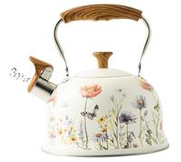 Bouilloire sur la cuisinière, bouilloire sifflante élégante en acier inoxydable de qualité alimentaire de 3 L avec poignée en bois, eau chaude et théière à ébullition rapide pour le camping à domi.