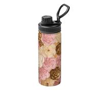 Bouilloire tendance en acier inoxydable avec fleurs roses, blanches et dorées, 510,3 g, pour le sport, pour l'extérieur, protection de l'environnement.