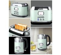 BOUILLOIRE VERT RETRO VINTAGE SANS FIL 2200W 1.7L INOX + GRILLE-PAIN VERT 2 FENTES INOX