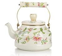 Bouilloire vintage en émail pour cuisinière, jolie théière avec perle en céramique à motif floral rose, cafetière à eau avec poignée en céramique, 2,5 L(A)