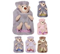 Bouillotte 2L Personnalisable, Couverture Ourson Doudou et Nom Brodé, Soulage les Douleurs du Dos et du Cou, Idéale en Cadeau de Noël (Gris clair)