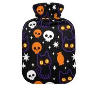 Bouillotte anti-fuite avec extérieur de protection amovible | Manchon de protection pour isolation thermique, cadeau de vacances, motif tête de mort de chat noir effrayant