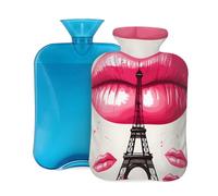 Bouillotte avec housse 2 L, tour Eiffel Art Lèvres rouges Bouillotte pour adultes Chauffante / Soulagement de la douleur