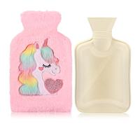 Bouillotte avec housse, amovible et lavable, housse en peluche licorne douce, chaude en hiver, caoutchouc naturel, 1 L pour le cou, la taille, le dos, les jambes, les épaules (rose)