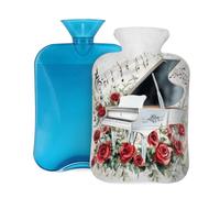 Bouillotte avec housse de 2 L, blanc note de piano rose, bouillotte pour adultes, réchauffement/soulagement de la douleur