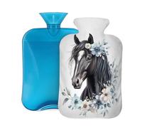 Bouillotte avec housse de 2 L - Fleur bleue - Cheval noir - Pour adultes - Chauffe et soulagement de la douleur