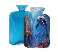 Bouillotte avec housse de 2 L, motif animaux marins, dauphins, poissons, pour adultes, pour soulager la douleur