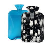 Bouillotte avec housse de 2 L, motif chat noir et blanc de dessin animé pour adultes, réchauffement/soulagement de la douleur