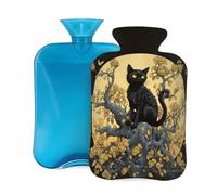 Bouillotte avec housse de 2 L, motif chat noir et feuilles jaunes pour adultes, réchauffement/soulagement de la douleur