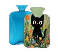 Bouillotte avec housse de 2 L, motif chat noir et prairie pour adultes - Pour soulager la douleur