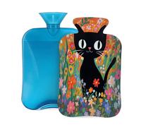 Bouillotte avec housse de 2 L, motif chat noir, fleurs colorées, pour adultes, pour soulager la douleur