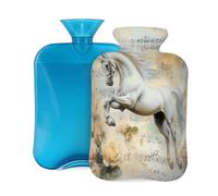 Bouillotte avec housse de 2 L, motif cheval blanc avec score de fleurs pour adultes, chauffe-douleur, pour adultes