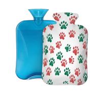 Bouillotte avec housse de 2 L, motif empreintes de pattes de chien rouge et vert pour adultes, pour soulager la douleur