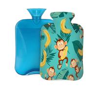 Bouillotte avec housse de 2 L, motif feuilles de bananier singe pour adultes, réchauffement/soulagement de la douleur