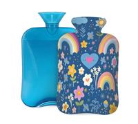 Bouillotte avec housse de 2 L, motif fleurs arc-en-ciel de dessin animé pour adultes, réchauffement/soulagement de la douleur