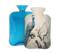 Bouillotte avec housse de 2 L, motif paon en fleur d'encre, pour adultes, pour soulager la douleur