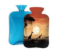 Bouillotte avec housse de 2 L, motif prairie, coucher de soleil, girafe, pour adultes, réchauffe/soulagement de la douleur