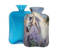 Bouillotte avec housse de 2 L, peinture à l'huile sur le champ de lavande, cheval blanc, bouillottes d'eau chaude pour adultes, réchauffement/soulagement de la douleur