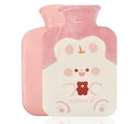 Bouillotte avec Housse en Peluche, 1L Bouillotte, Antidéflagrant et Anti-Fuite caoutchouc bouillottes, Bouillotte avec Modèle mignon d'ours brun de lapin peluche amovible (rose)