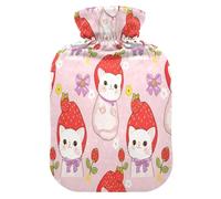 Bouillotte avec housse en polaire douce pour soulager la douleur au cou et aux épaules - Motif chats portant des chapeaux de fraise - S