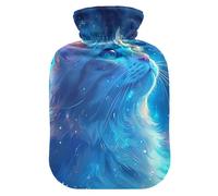 Bouillotte avec housse en velours doux pour compresse chaude et froide - Motif chat - Bleu - Taille M
