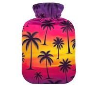 Bouillotte avec housse en velours doux pour crampes menstruelles Motif palmiers et coucher de soleil Violet