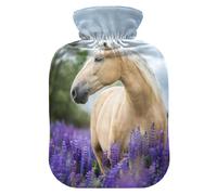 Bouillotte avec housse, motif fleur de cheval et lavande 2 L, étanche, pour réchauffer les mains, les pieds, le cou, les épaules, le dos, les douleurs musculaires, compression froide